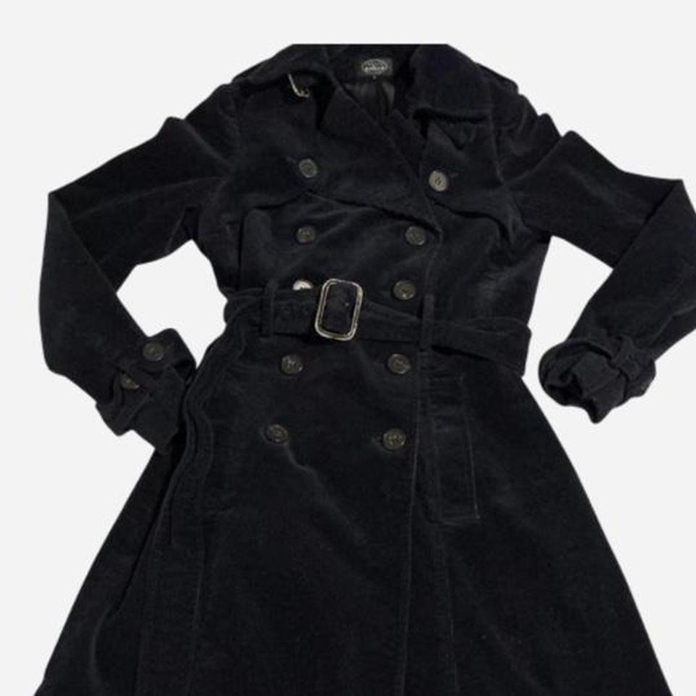 Corduroy navy blue trench coat with belt‎